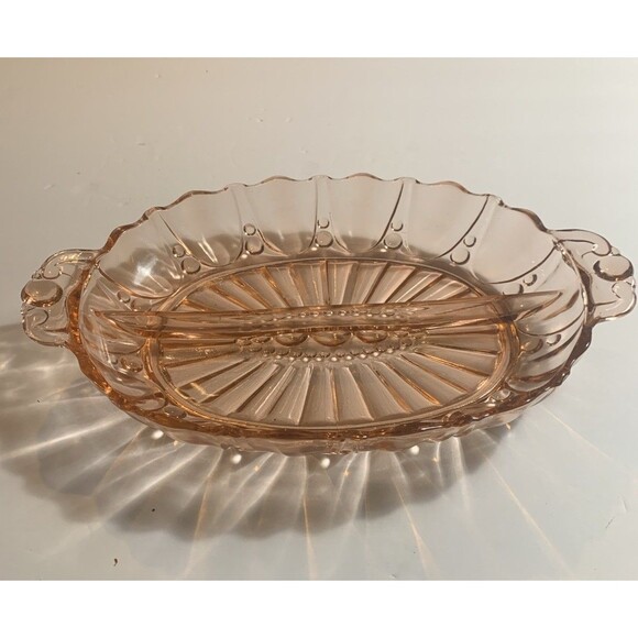 VINTAGE Hocking Depression Glass PINK Serving / Relish Bowl Dish Oyster & Pearl - Picture 6 of 11